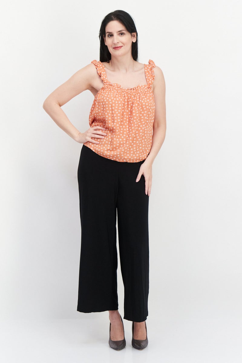 Women Square Neck Floral Pattern Top, Orange Combo