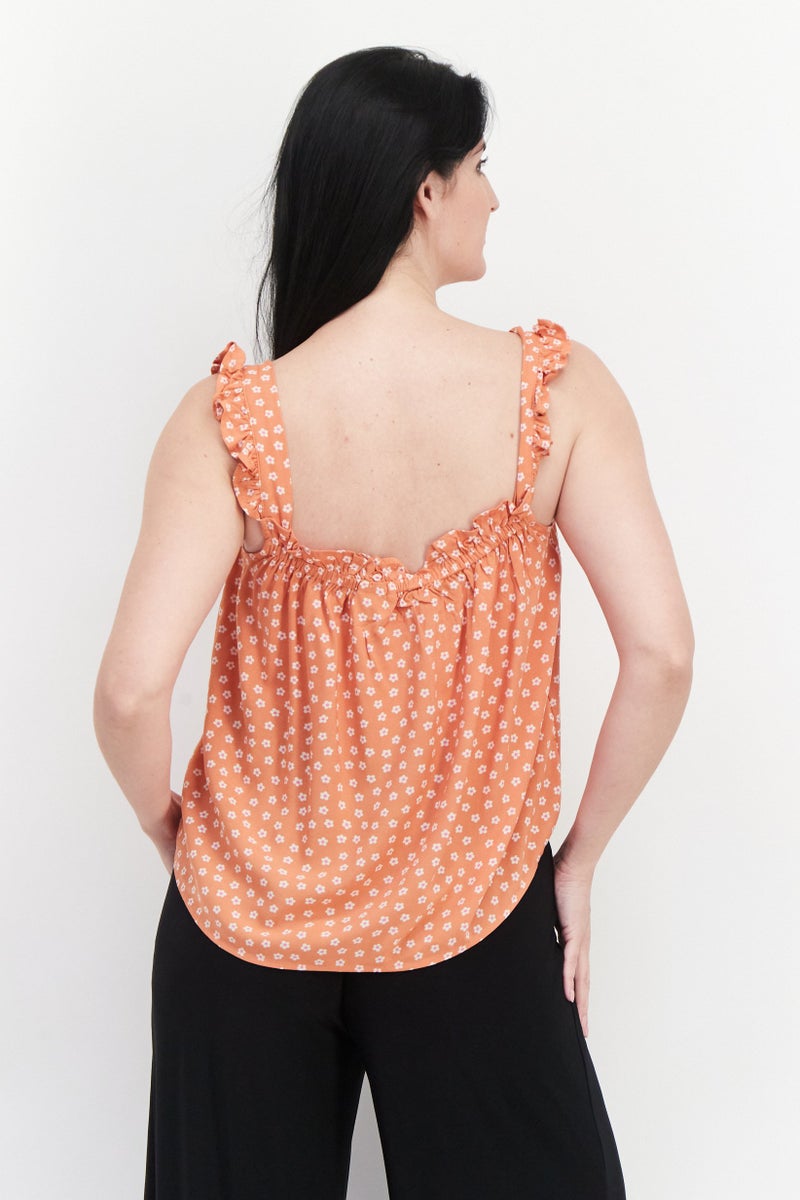 Women Square Neck Floral Pattern Top, Orange Combo