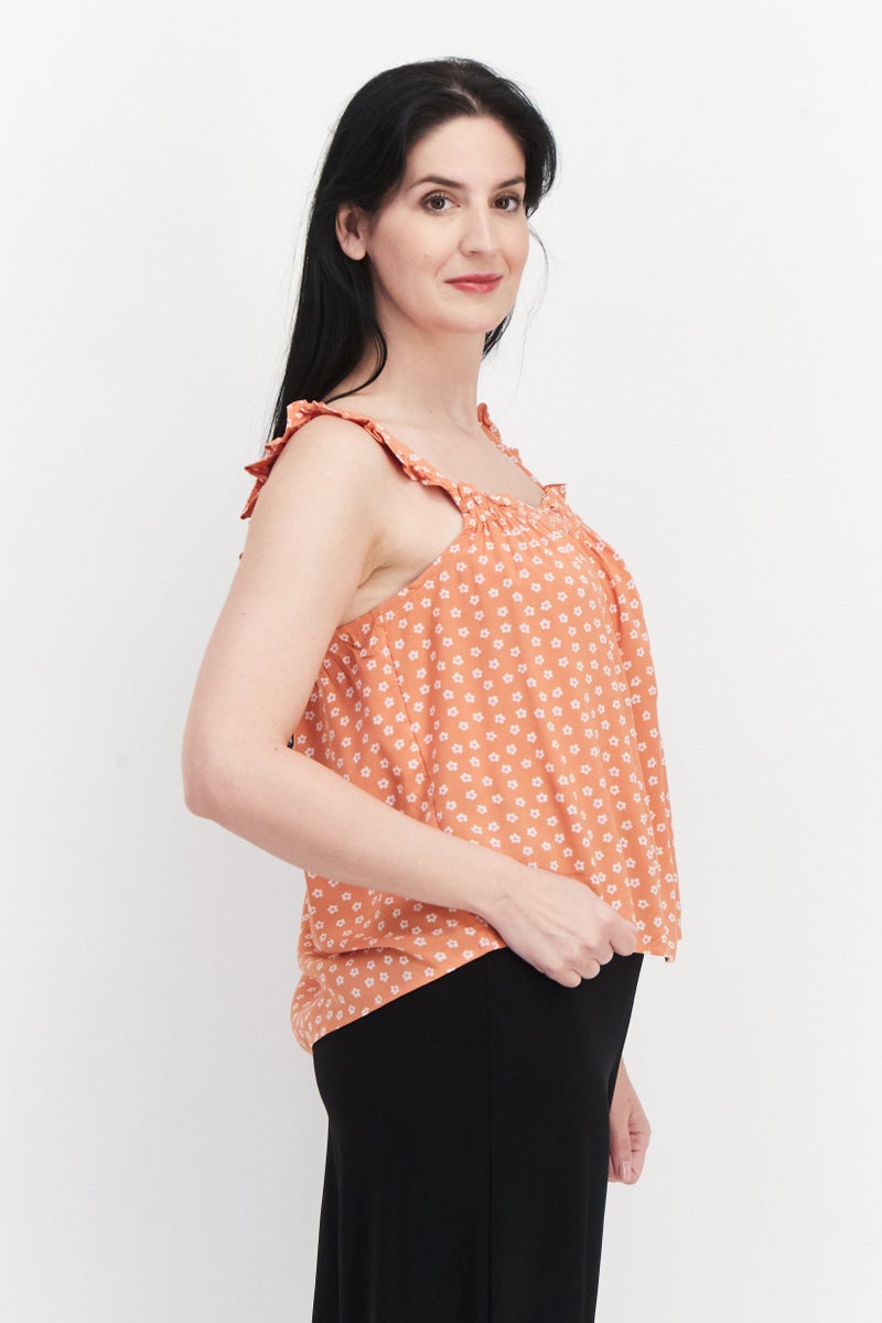 Women Square Neck Floral Pattern Top, Orange Combo