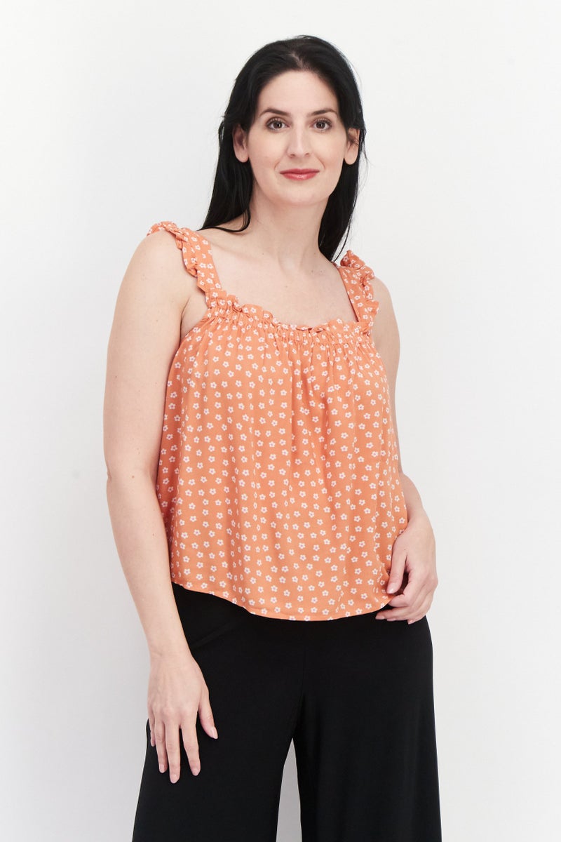 Women Square Neck Floral Pattern Top, Orange Combo