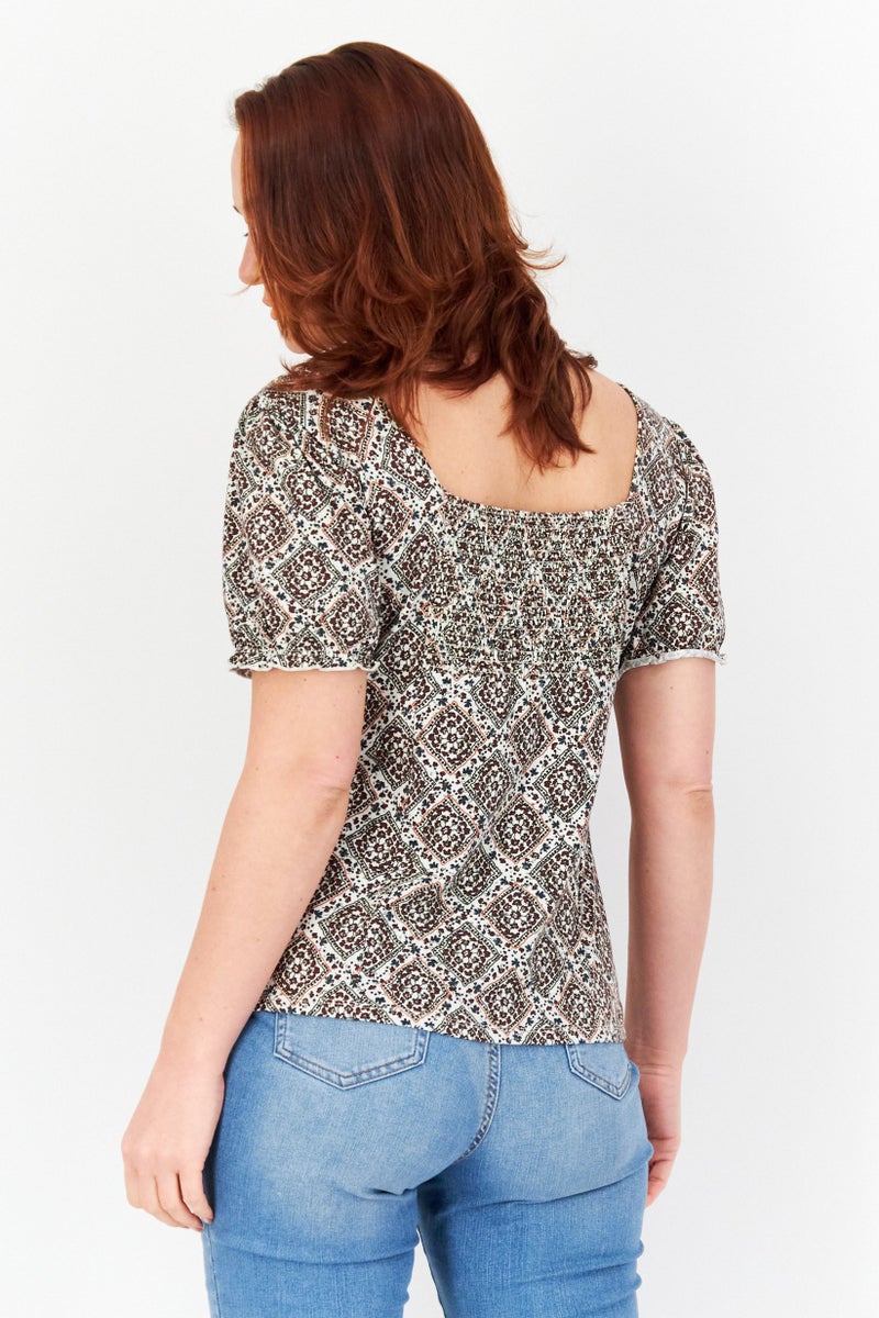 Women Square Neck Short Sleeve Allover Print Top, Brown