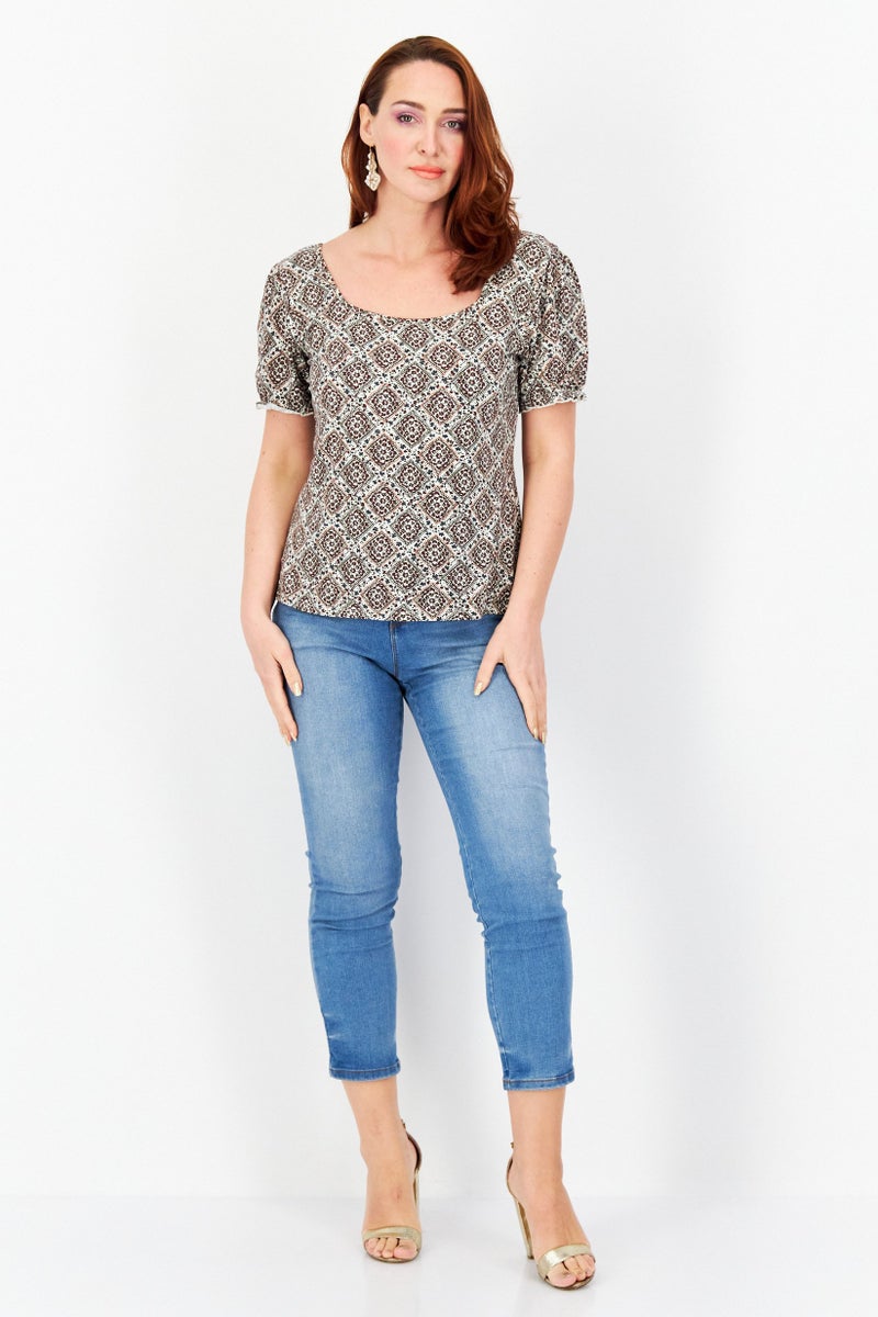 Women Square Neck Short Sleeve Allover Print Top, Brown