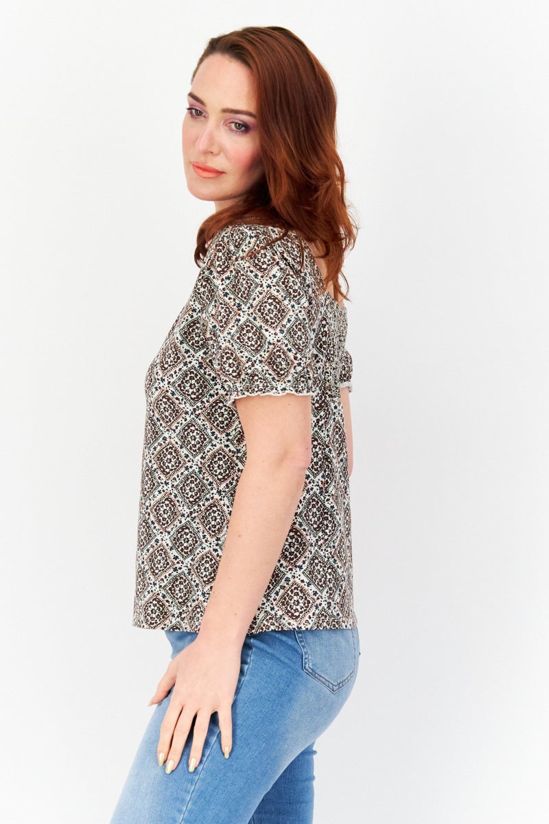 Women Square Neck Short Sleeve Allover Print Top, Brown