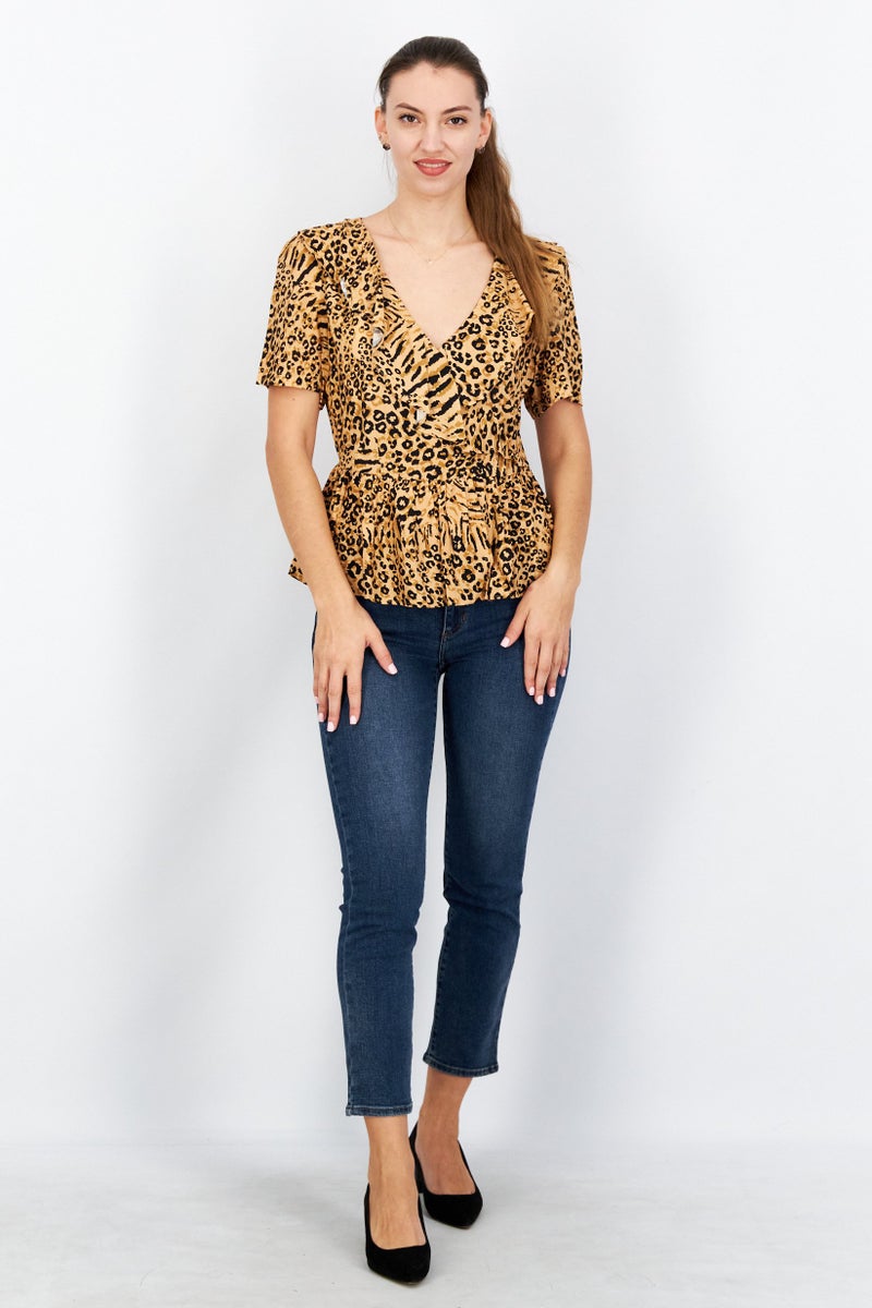 Women V-Neck Short Sleeves Animal Print Top, Black
