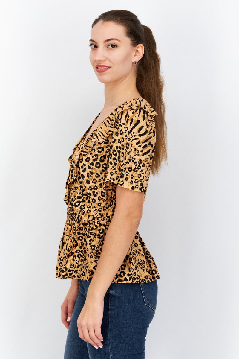 Women V-Neck Short Sleeves Animal Print Top, Black