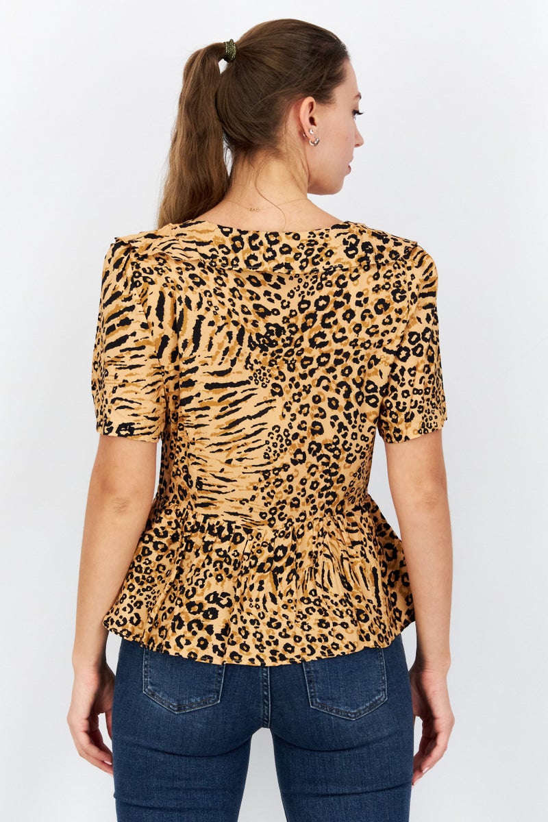 Women V-Neck Short Sleeves Animal Print Top, Black