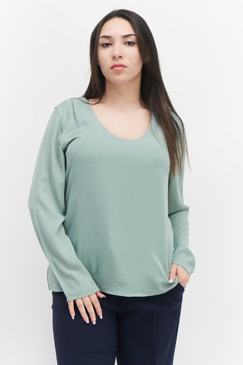 Women Scoop Neck Long Sleeve Plain Blouse, Sage Green