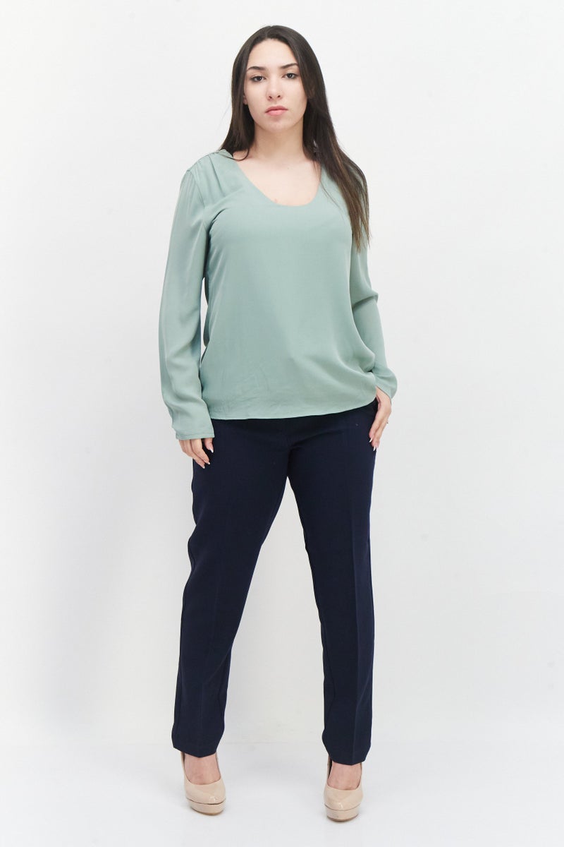 Women Scoop Neck Long Sleeve Plain Blouse, Sage Green