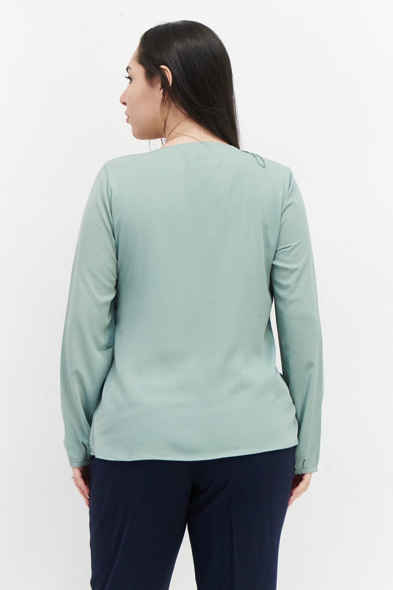 Women Scoop Neck Long Sleeve Plain Blouse, Sage Green