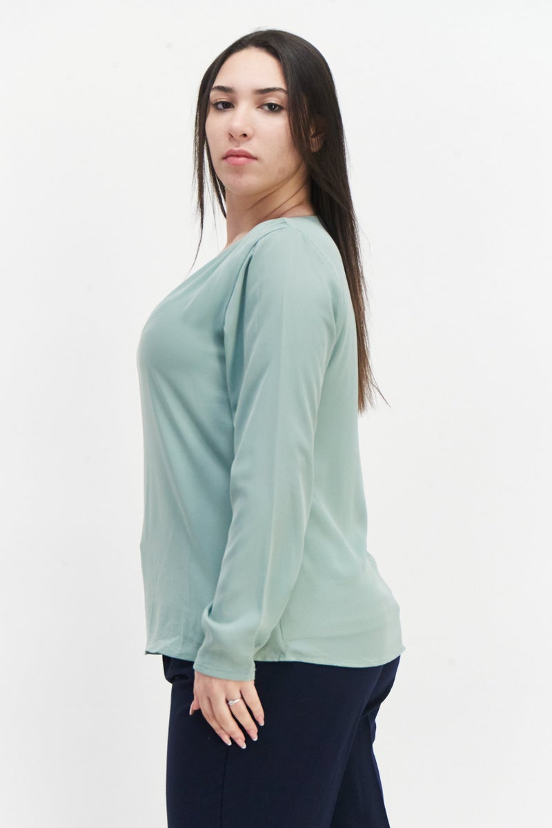 Women Scoop Neck Long Sleeve Plain Blouse, Sage Green
