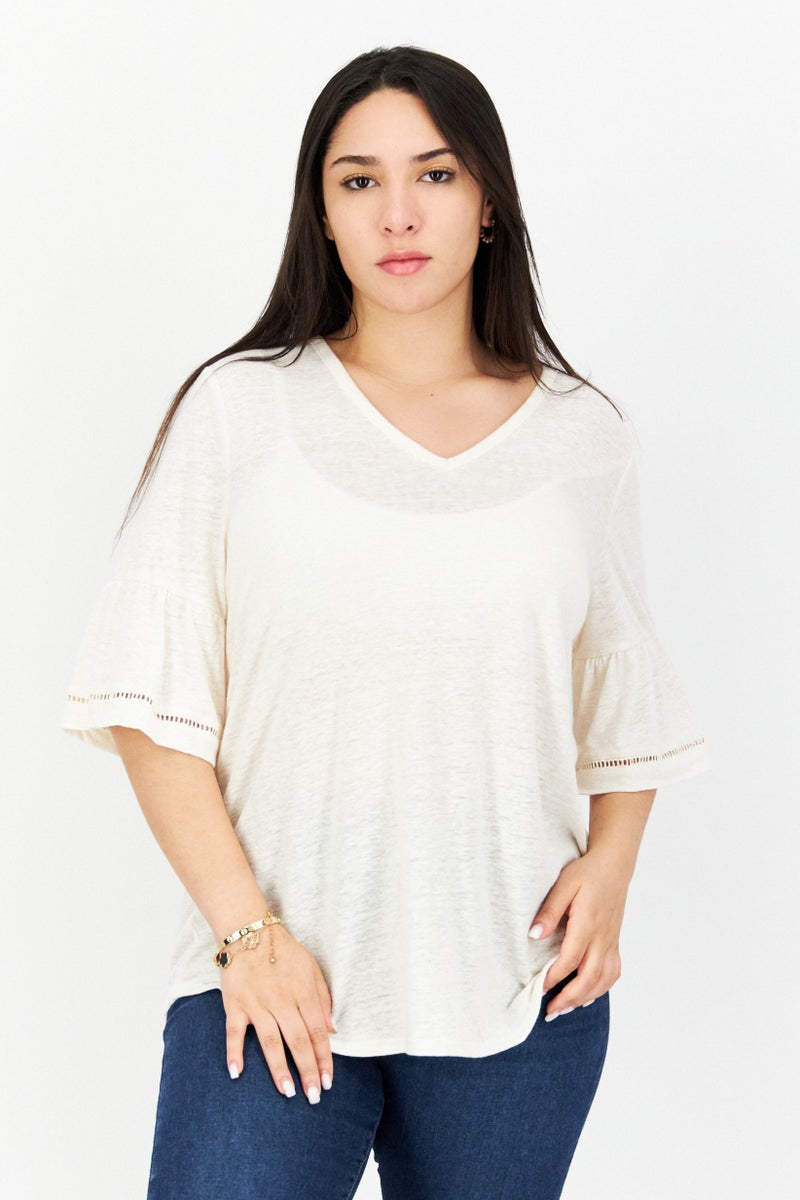 Women V-Neck 3/4 Sleeves Solid Blouse, Cream