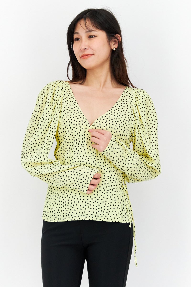 Women Surplice Neck Long Sleeves Polka Dots Top, Yellow/Black