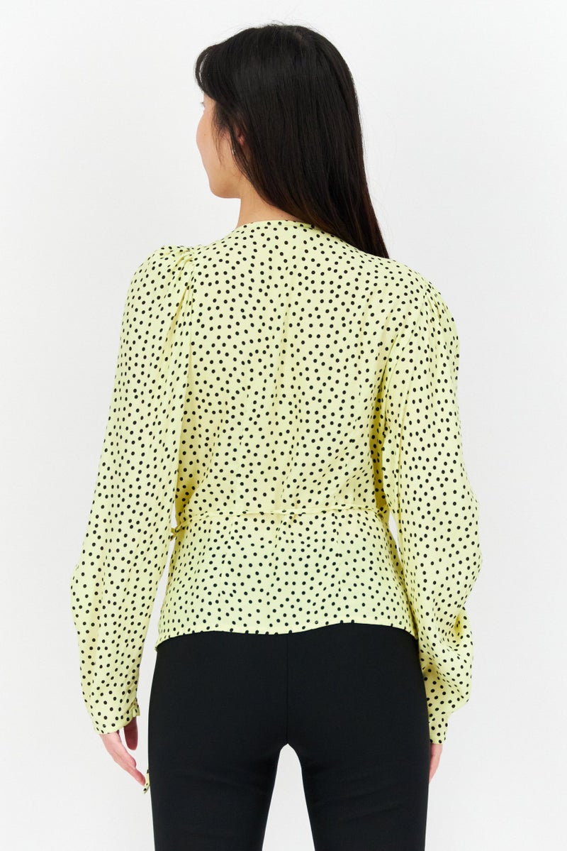 Women Surplice Neck Long Sleeves Polka Dots Top, Yellow/Black