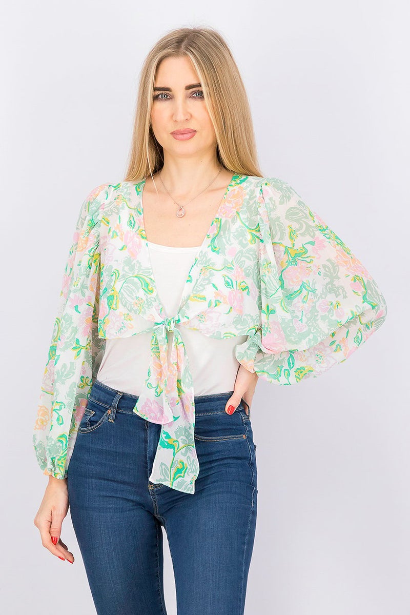 Women Tie Front Long Sleeves Floral Print Top, Green