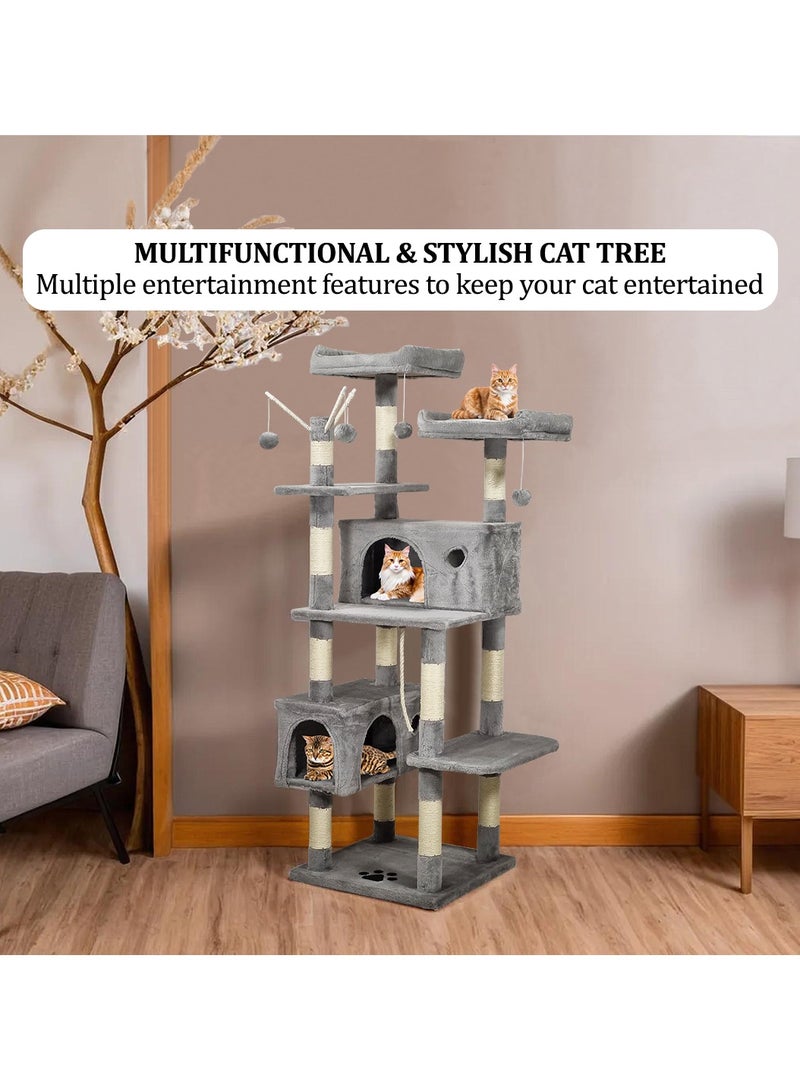 Cat tree tower with Plush perches, Dangling balls, Double condos, and Scratching post, Multi-level tall cat condo activity center, Suitable for indoor cats and kittens 160 cm (Grey)