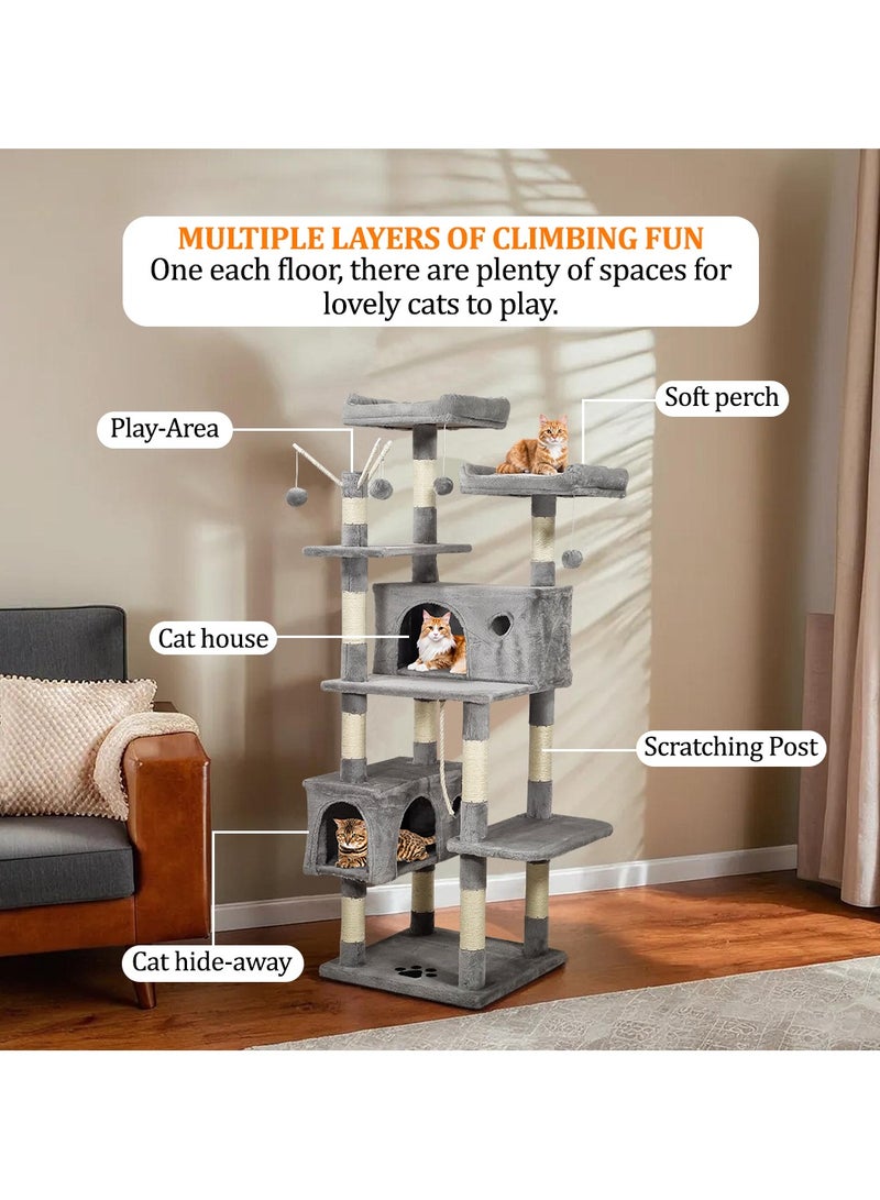 Cat tree tower with Plush perches, Dangling balls, Double condos, and Scratching post, Multi-level tall cat condo activity center, Suitable for indoor cats and kittens 160 cm (Grey)