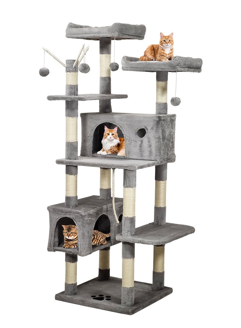 Cat tree tower with Plush perches, Dangling balls, Double condos, and Scratching post, Multi-level tall cat condo activity center, Suitable for indoor cats and kittens 160 cm (Grey)