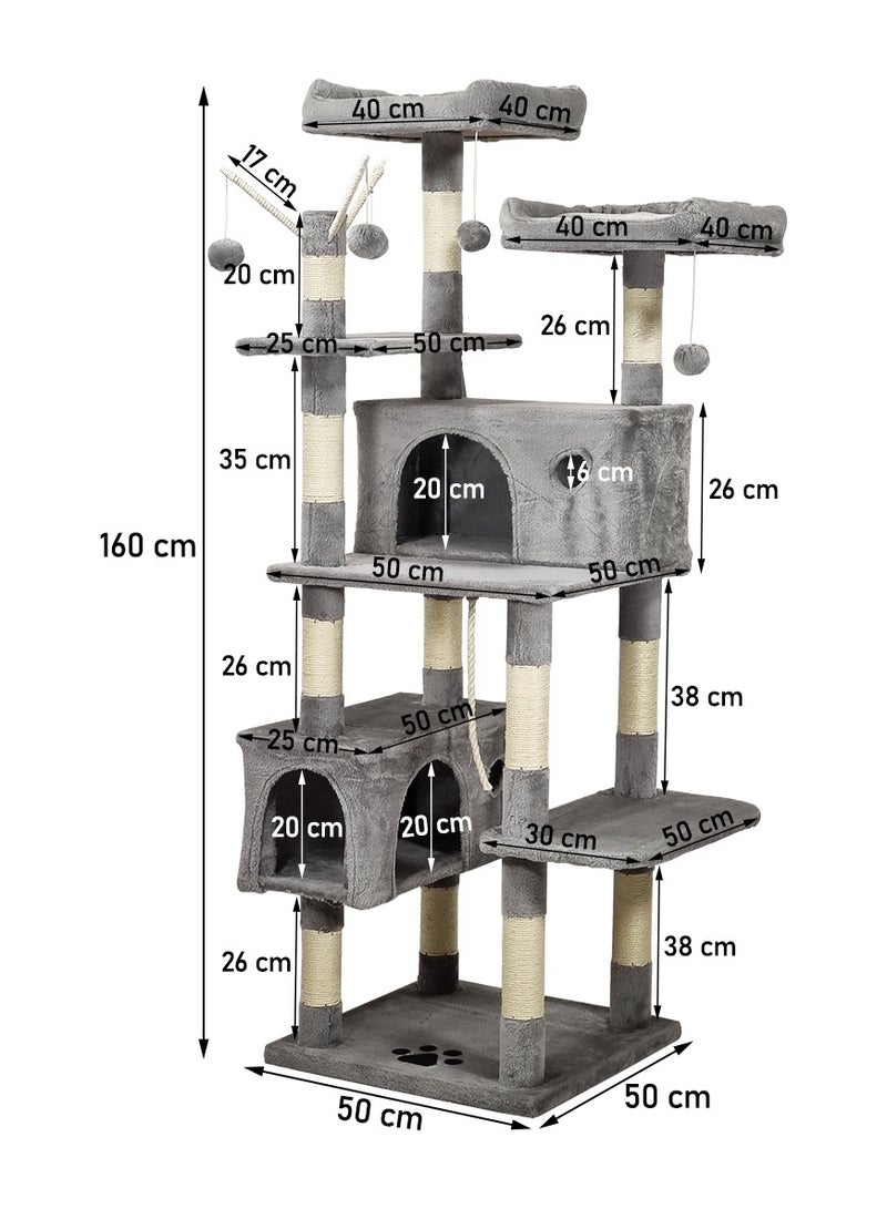 Cat tree tower with Plush perches, Dangling balls, Double condos, and Scratching post, Multi-level tall cat condo activity center, Suitable for indoor cats and kittens 160 cm (Grey)