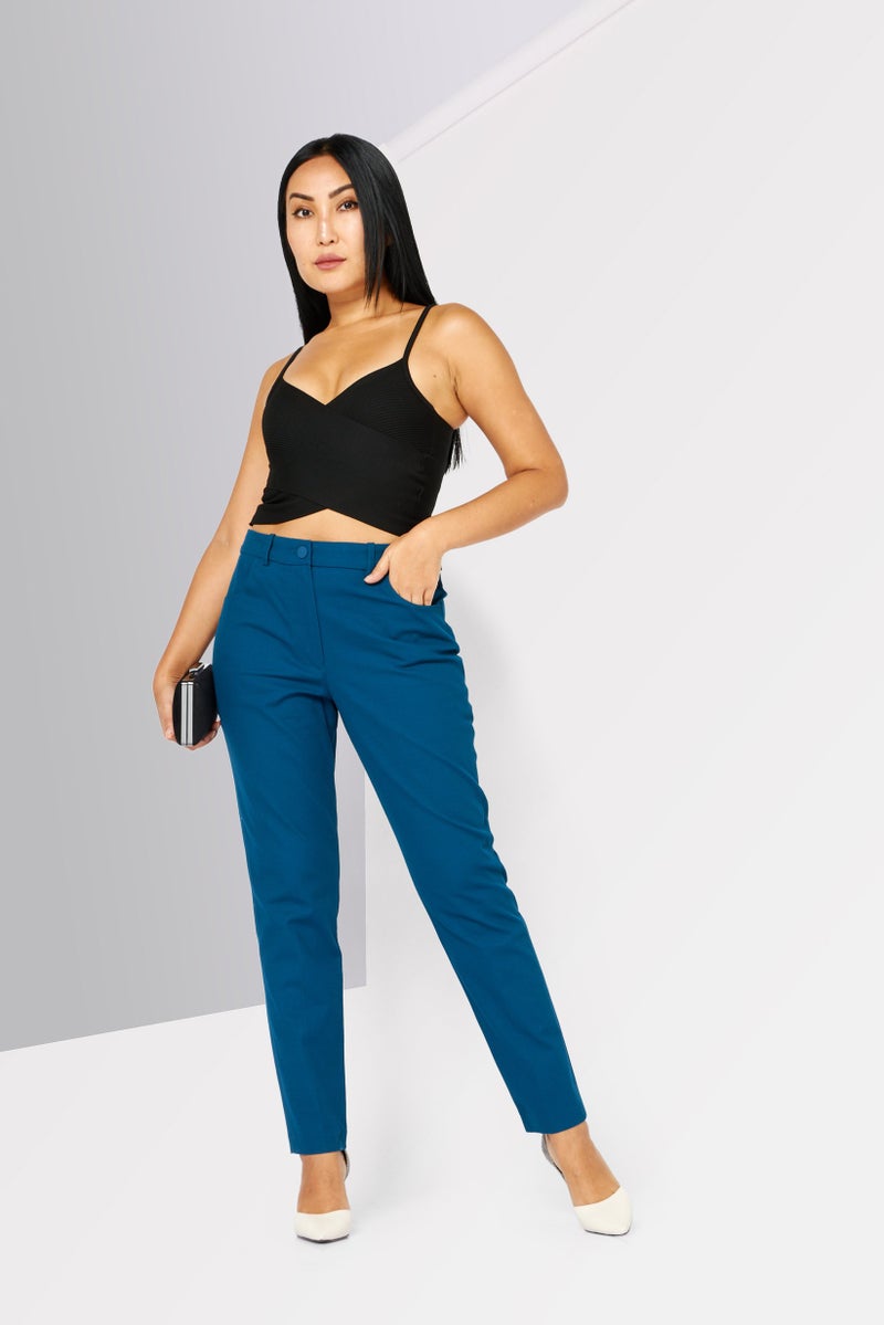 Women Textured Chino Pants, Teal Blue