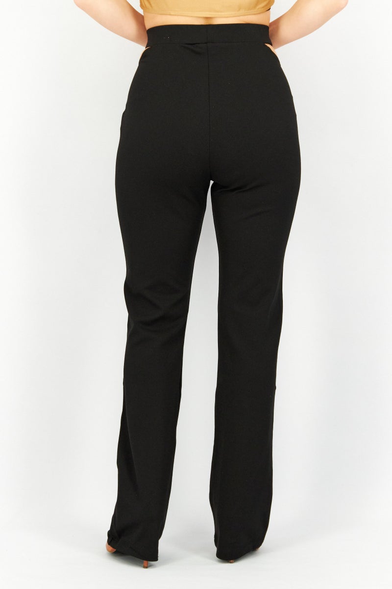 Women Regular Fit Cut Out Plain Flare Pant, Black