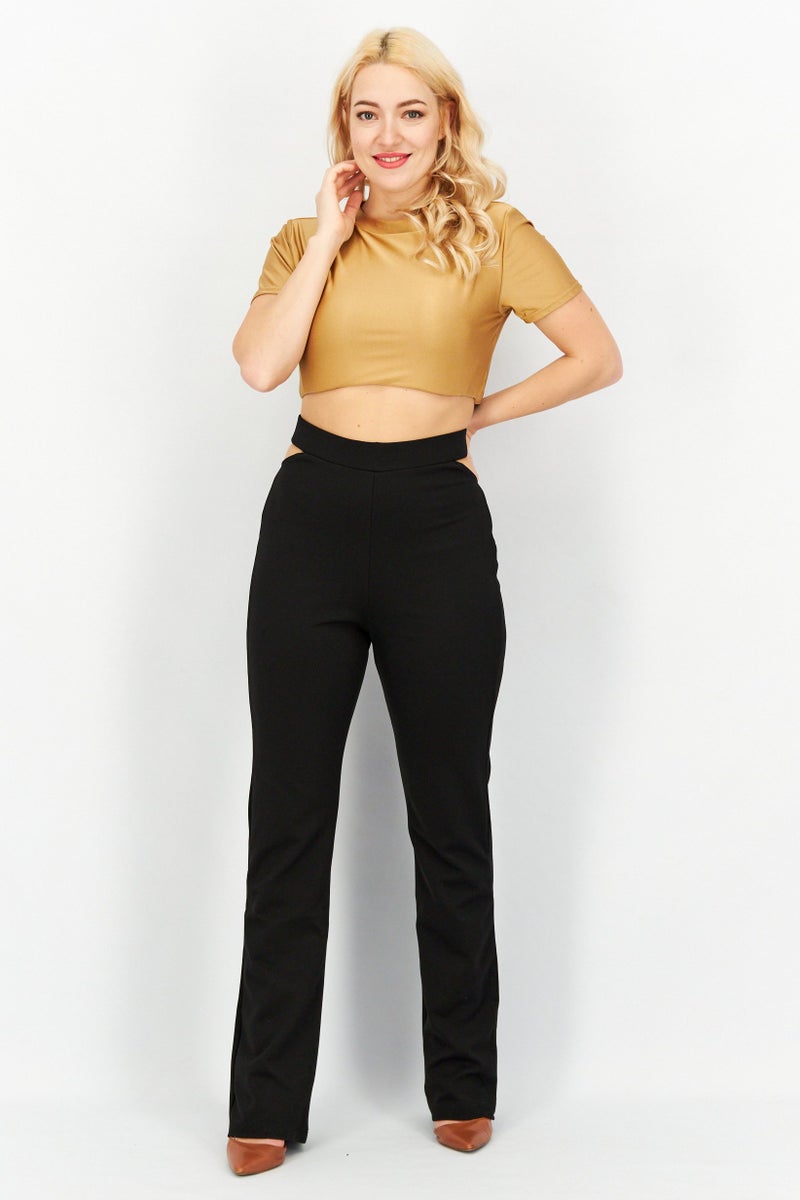 Women Regular Fit Cut Out Plain Flare Pant, Black