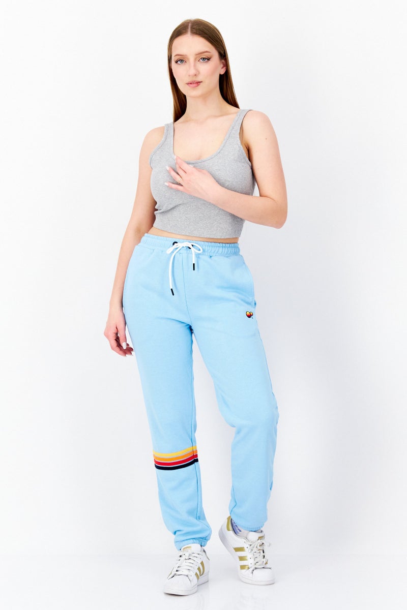 Women Drawstring Embroidered Logo Sweatpants, Light Blue