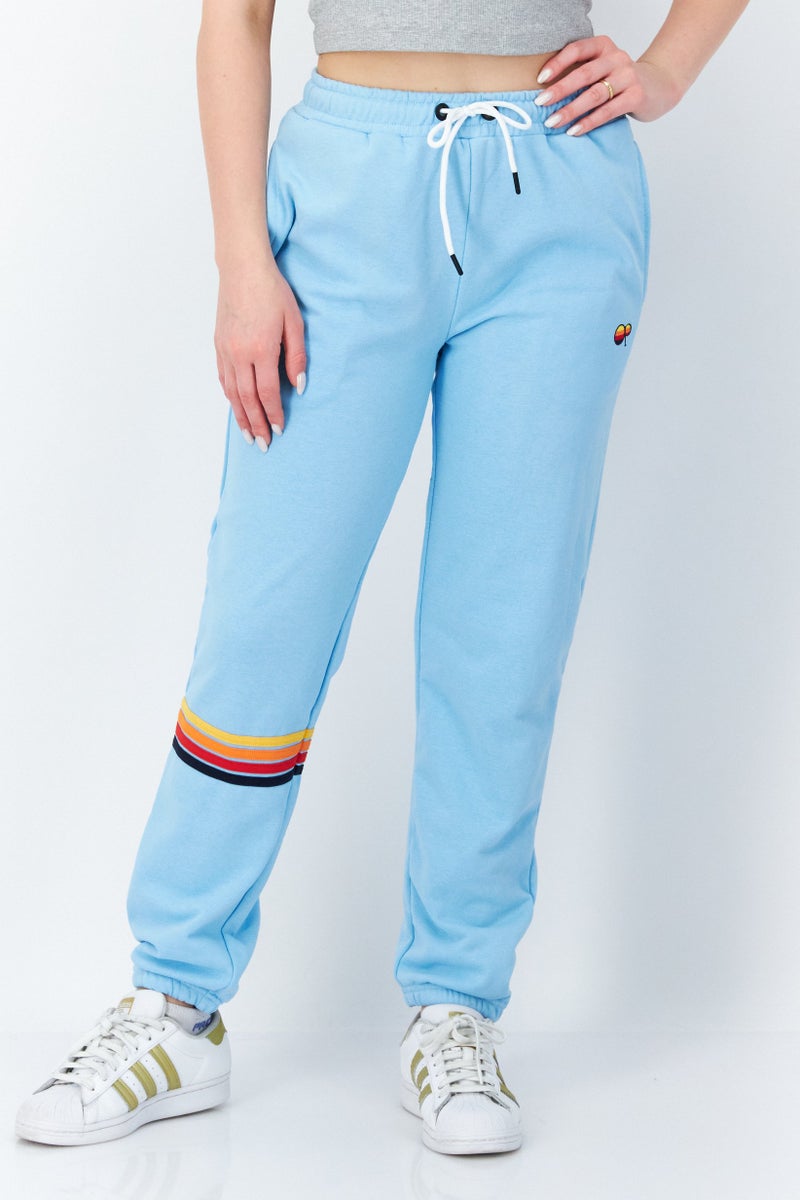 Women Drawstring Embroidered Logo Sweatpants, Light Blue