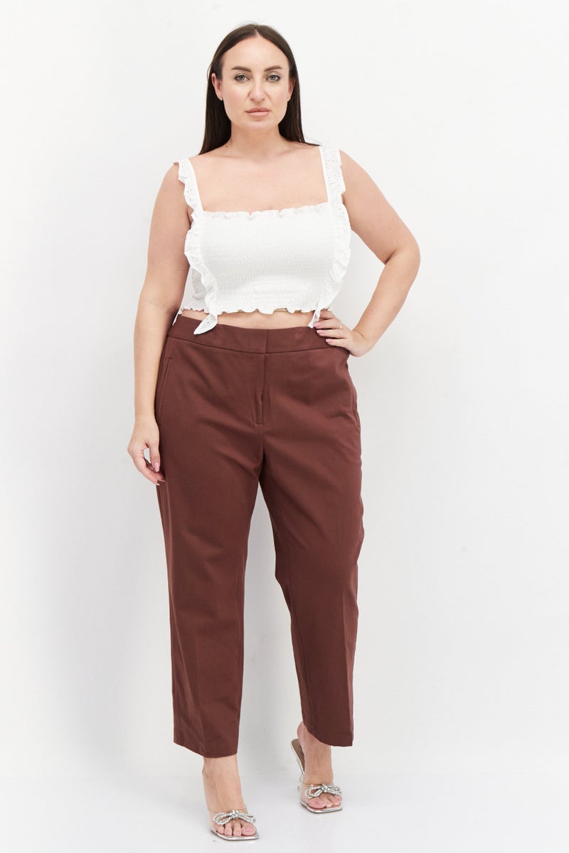 Women Plus Size Plain Straight Pants, Brown