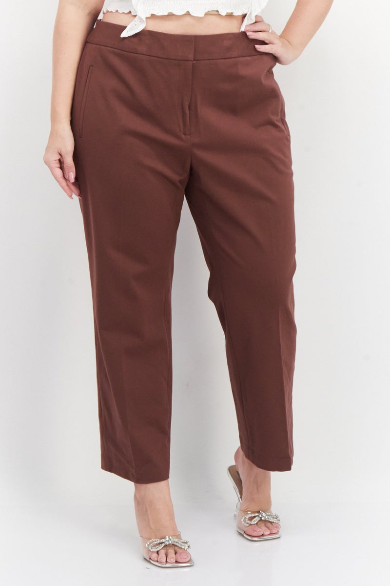 Women Plus Size Plain Straight Pants, Brown