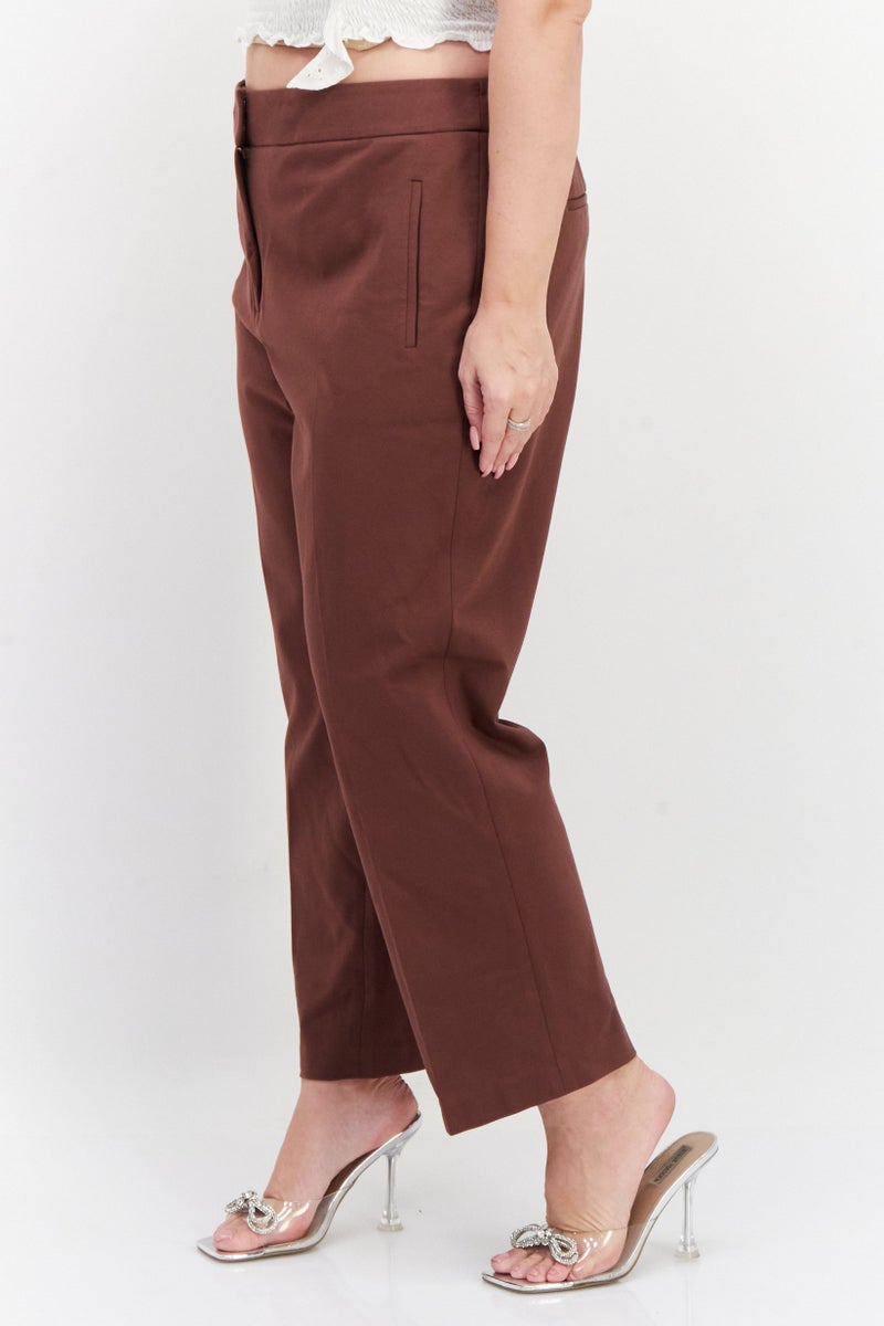 Women Plus Size Plain Straight Pants, Brown