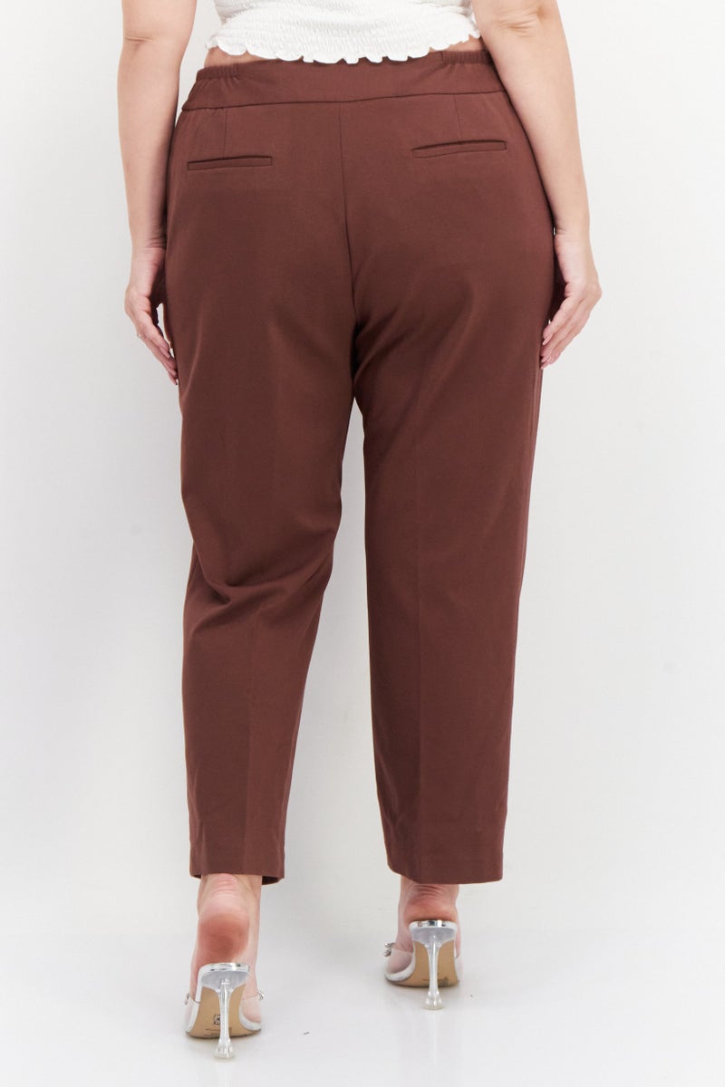 Women Plus Size Plain Straight Pants, Brown