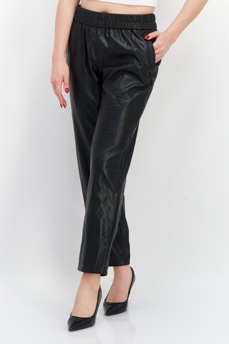 Women Plain Pull On Faux-Leather Pant, Black