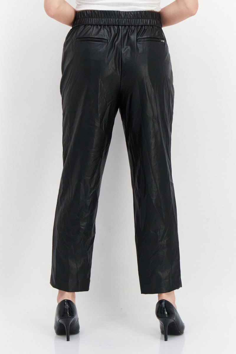Women Plain Pull On Faux-Leather Pant, Black