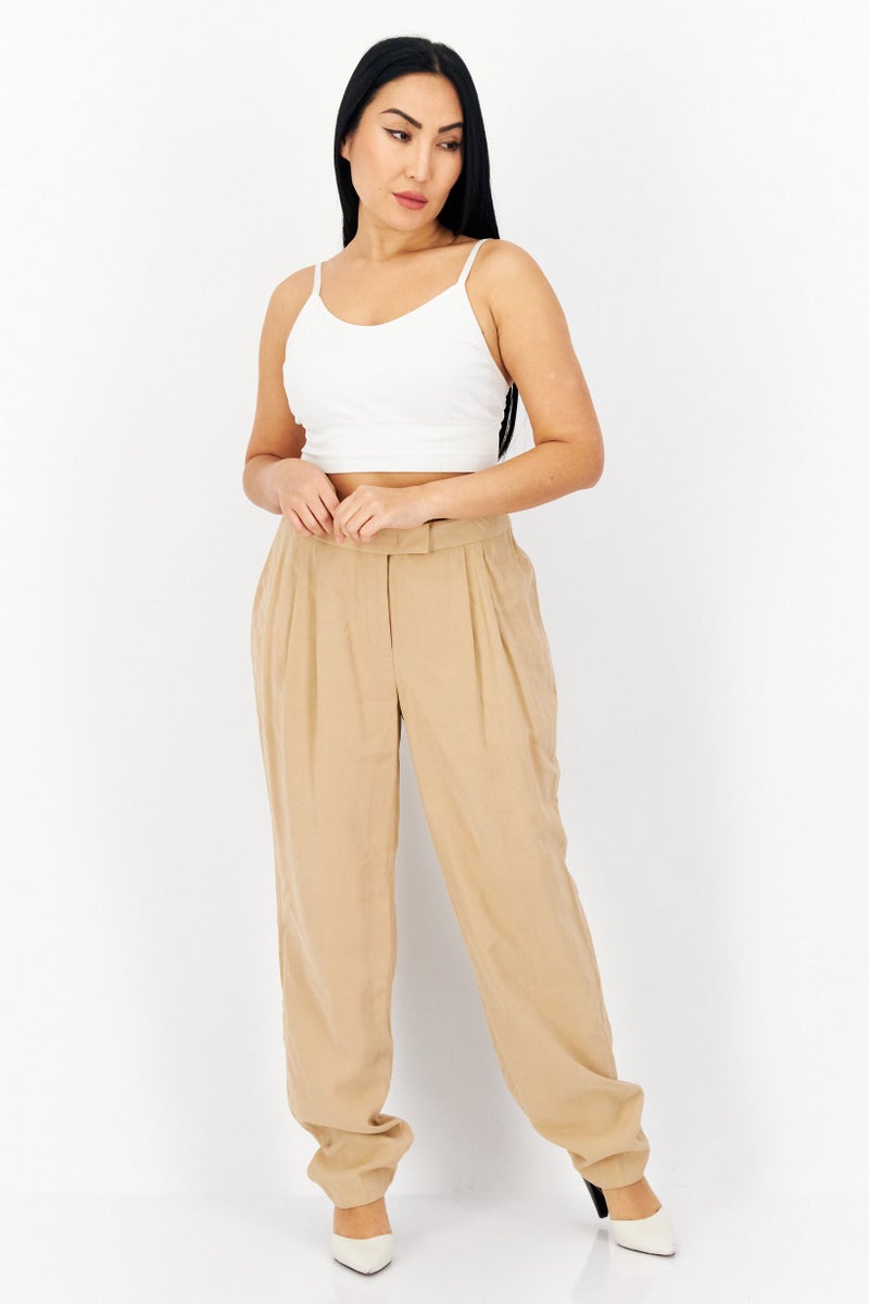 Women Plain High Waist Tapered Pants, Beige