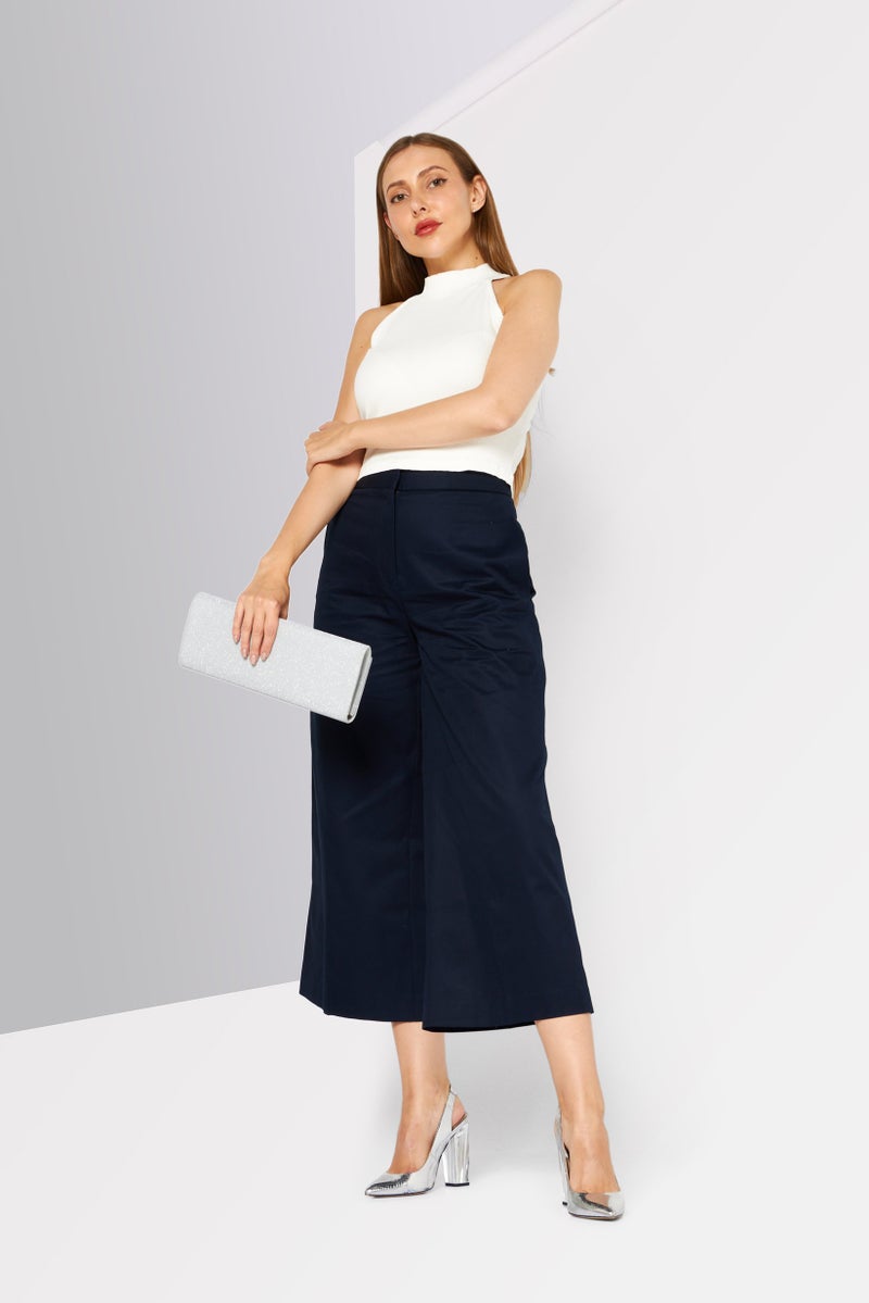 Women Regular Fit Solid Wide Leg Trouser, Dark Navy