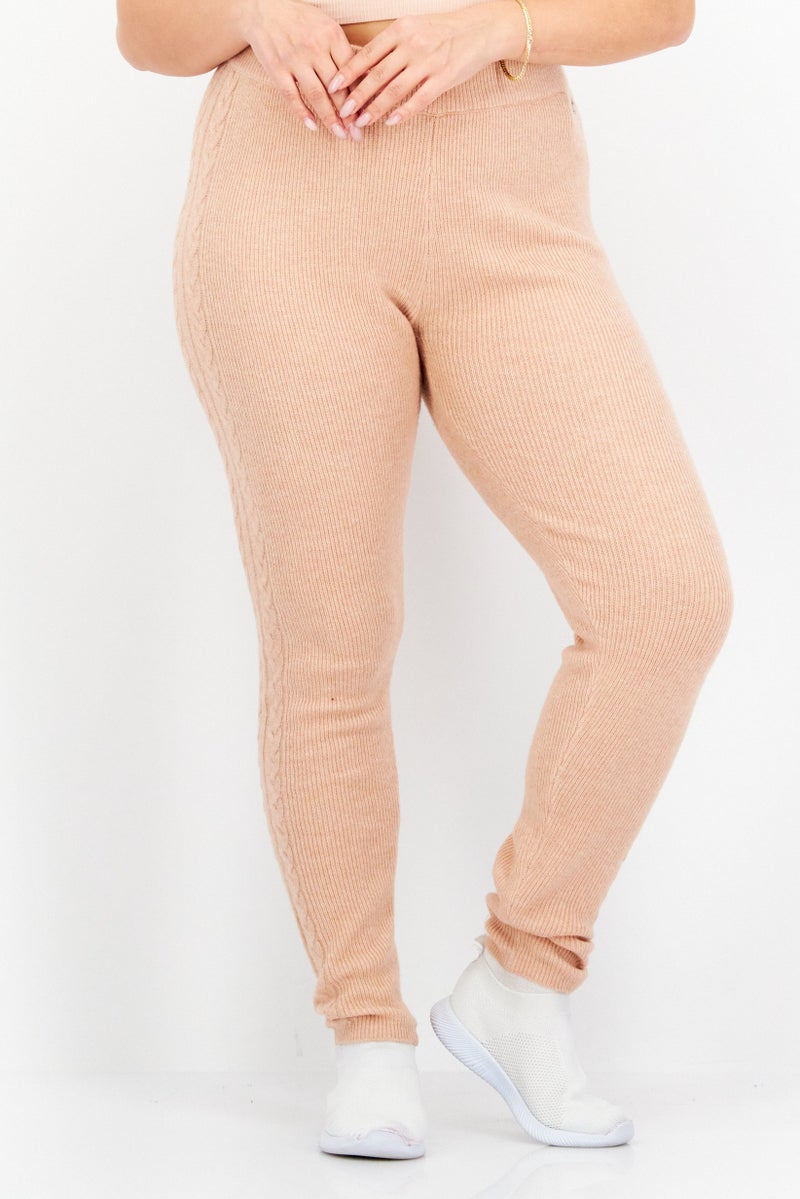 Women Regular Fit Cable Knit Stretchable Pants, Peach