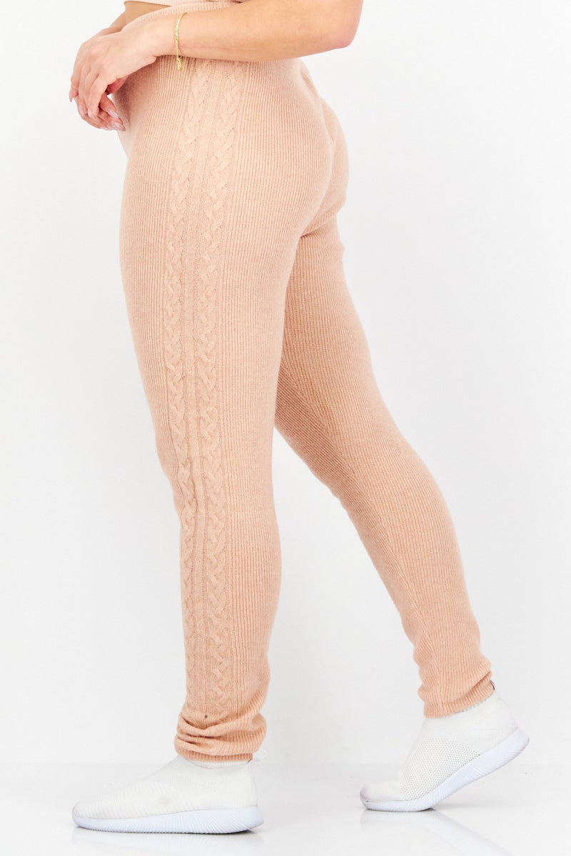Women Regular Fit Cable Knit Stretchable Pants, Peach