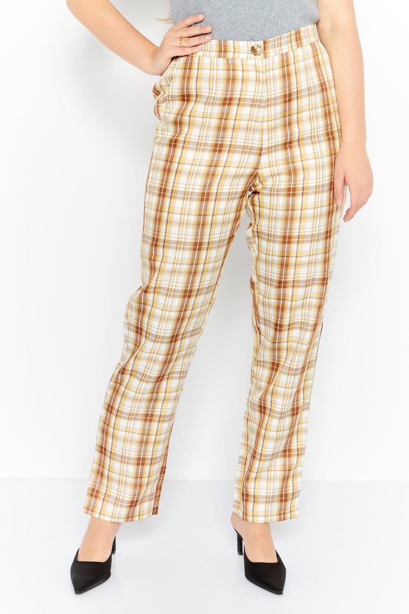 Women Regular Fit Checkered Straight Leg Pants, Beige