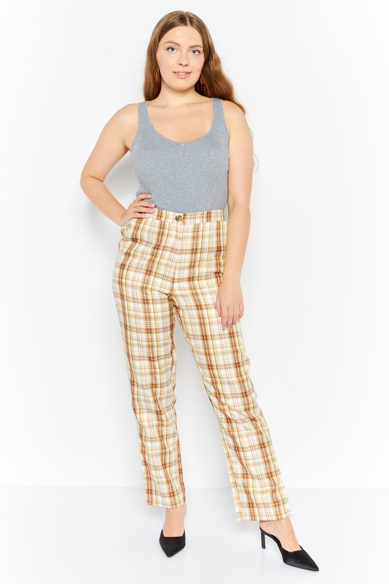 Women Regular Fit Checkered Straight Leg Pants, Beige