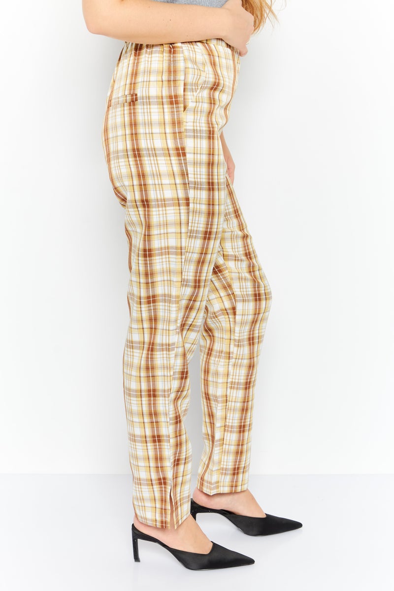 Women Regular Fit Checkered Straight Leg Pants, Beige