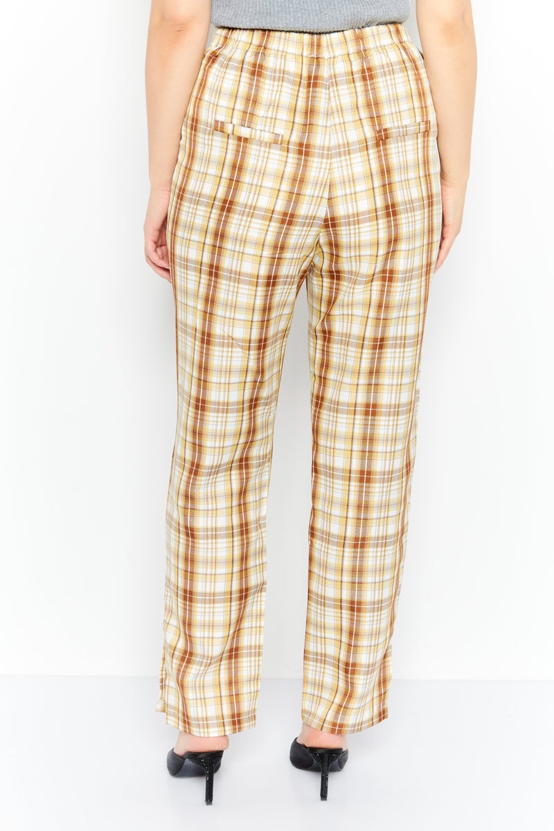 Women Regular Fit Checkered Straight Leg Pants, Beige