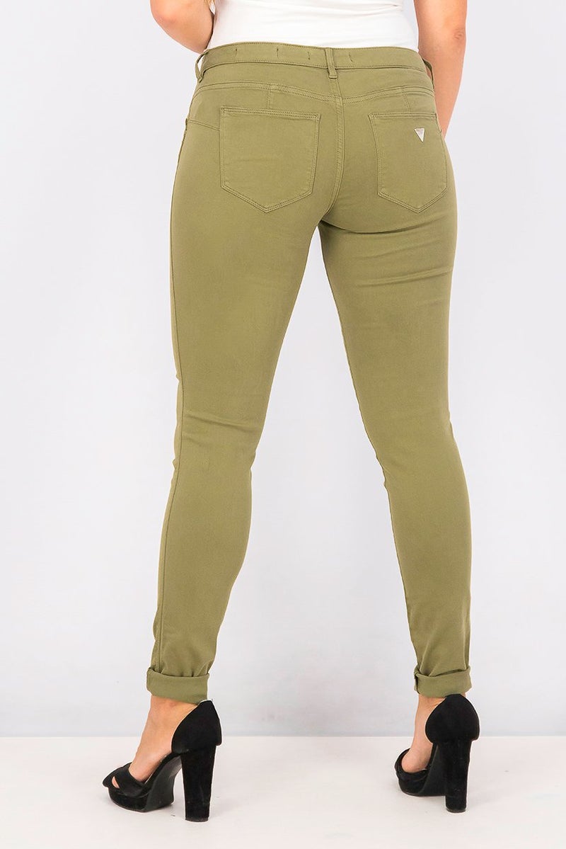 Women Skinny Fit Plain Pants, Olive