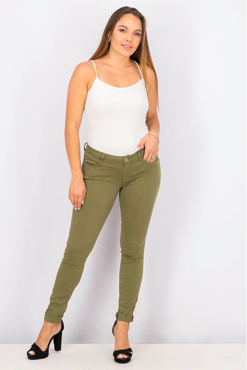 Women Skinny Fit Plain Pants, Olive