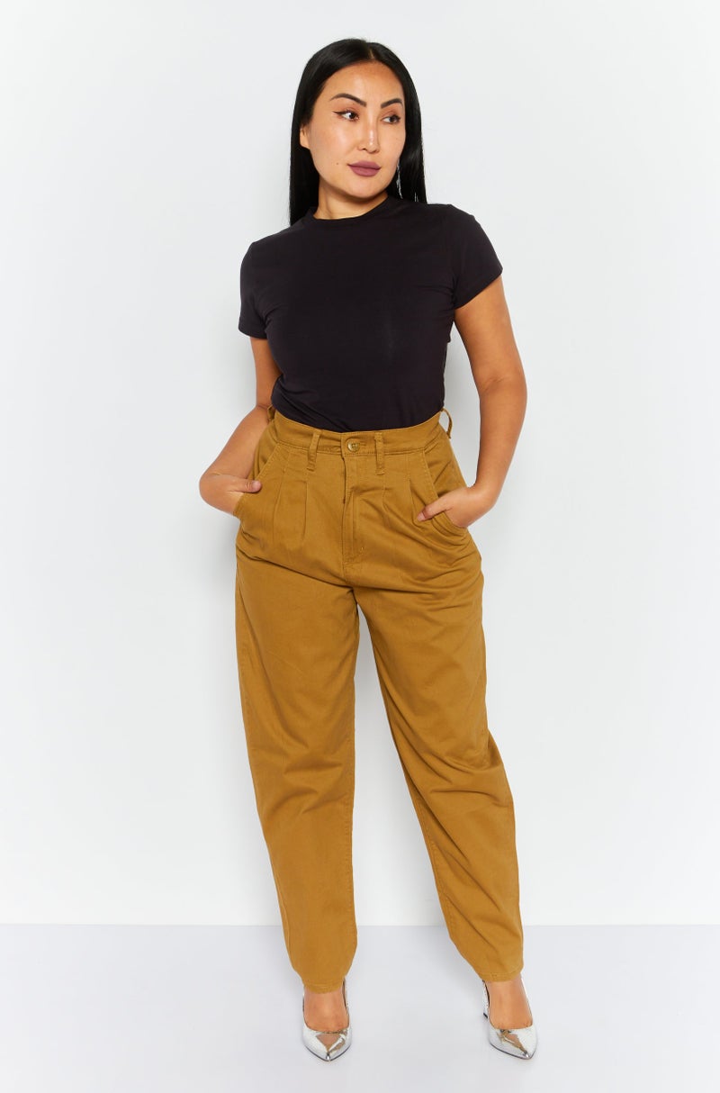Women Regular Fit Plain Tapered Pants, Tan