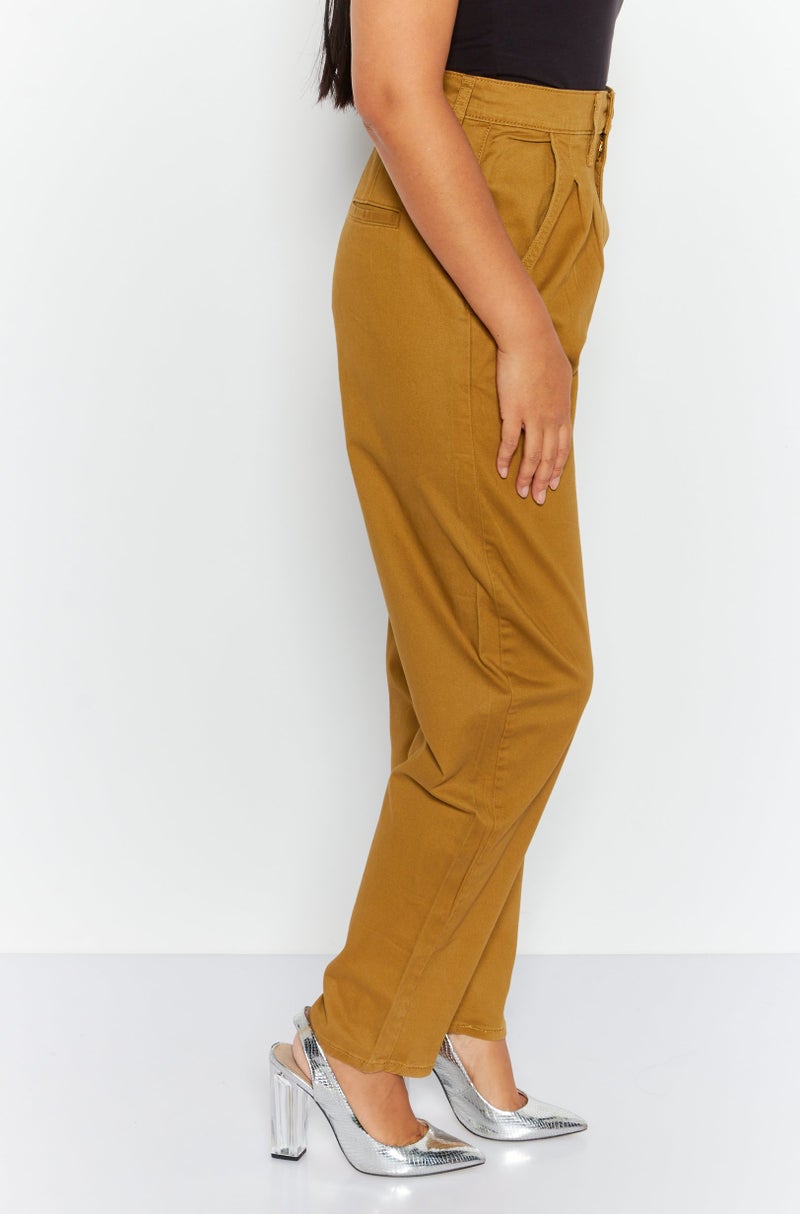 Women Regular Fit Plain Tapered Pants, Tan