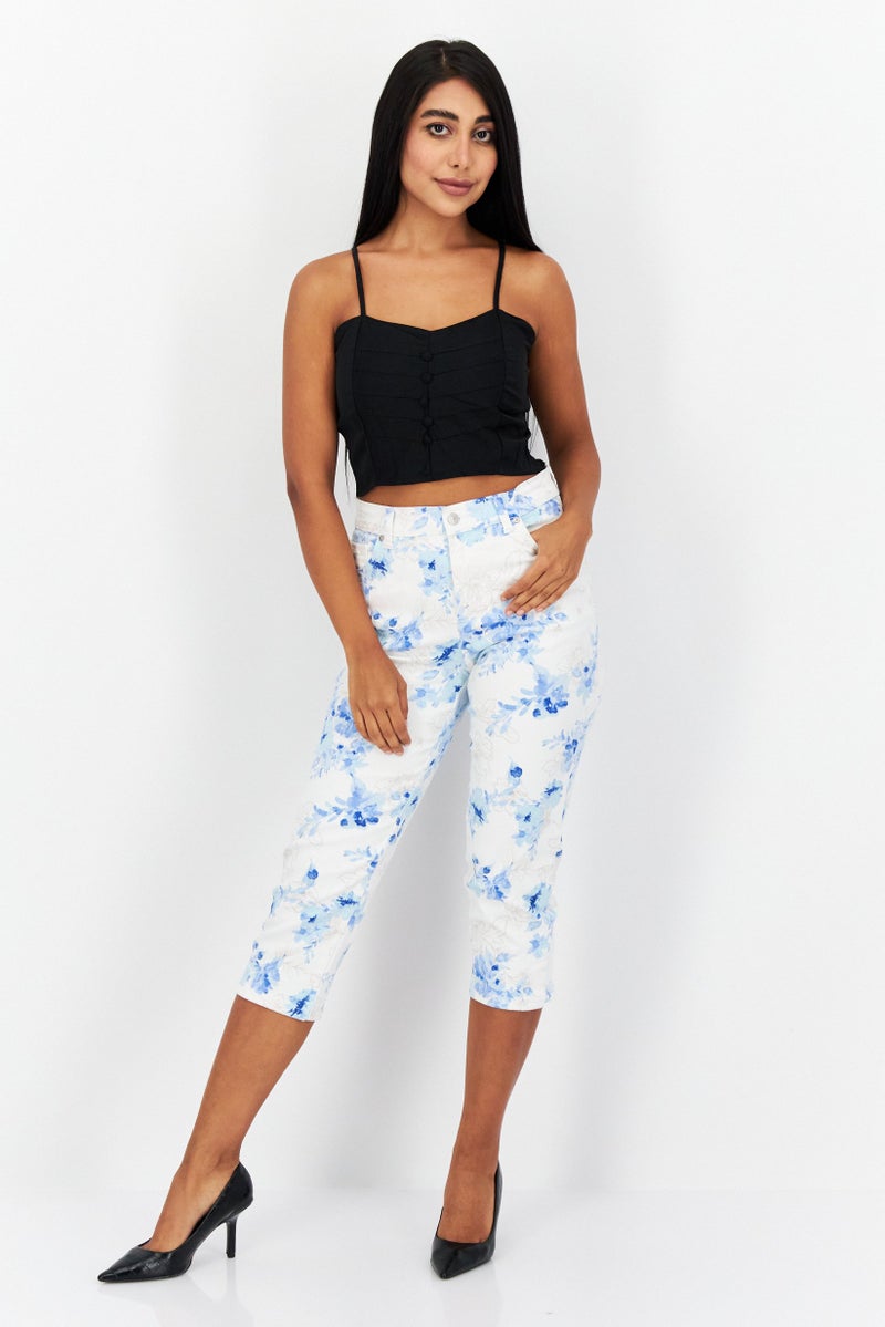 Women Regular Fit Floral Printed Capri Pants, White Combo