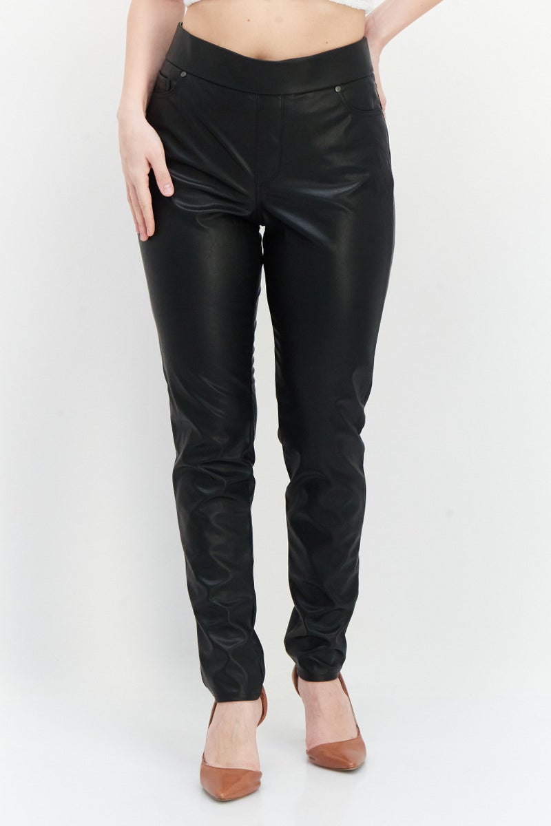 Women Regular Fit Plain Leather Pants, Black