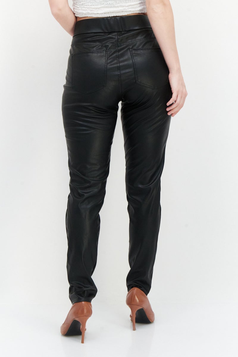 Women Regular Fit Plain Leather Pants, Black