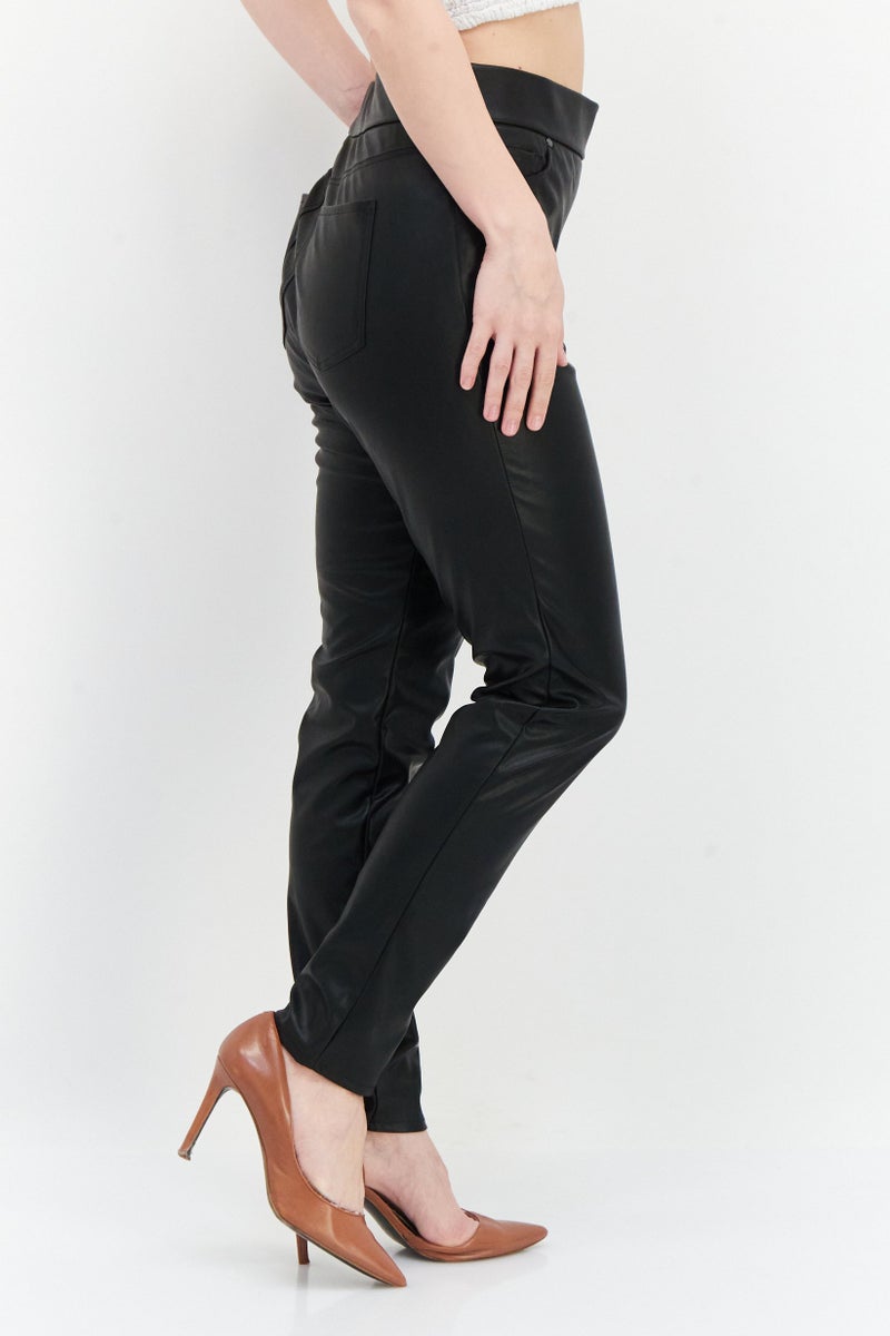 Women Regular Fit Plain Leather Pants, Black