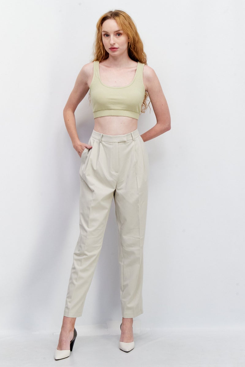 Women Regular Fit Plain Cropped Pants, Sand Stone